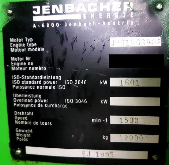 Шильдик двигателя Jenbacher JW616 GSB02­