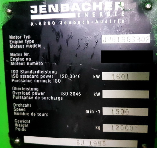 Шильдик двигателя Jenbacher JW616 GSB02