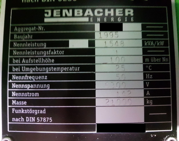 Шильдик электроагрегата Jenbacher JMS 616 GS-N.LC (1548 кВ, 6300 В)  ­